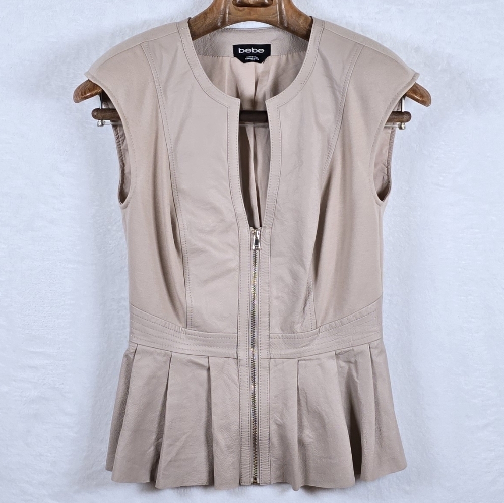 Y2k Bebe 100% Leather Mix Peplum Vest XS Tan Zip Front Sleeveless Moto Jacket